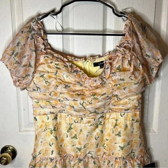 NWT Lulus Yellow Floral Corset Mini Dress Off Shoulder  Size XL Light Classy - Picture 2 of 6